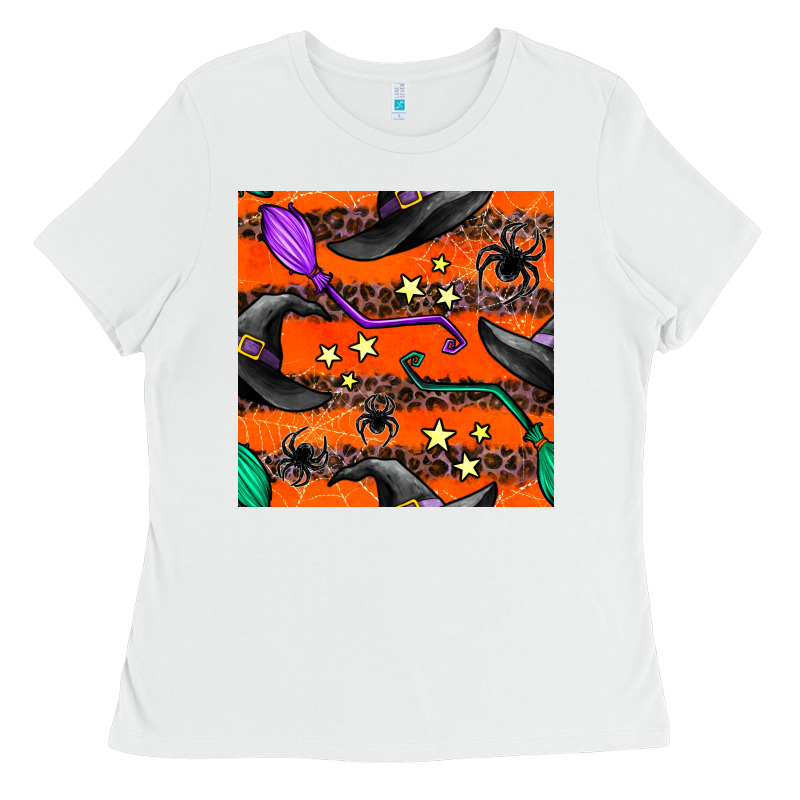 Halloween Witch Hats Leopard Seamless Pattern Ladies Tee by BundleAndBundleShop | Teevron