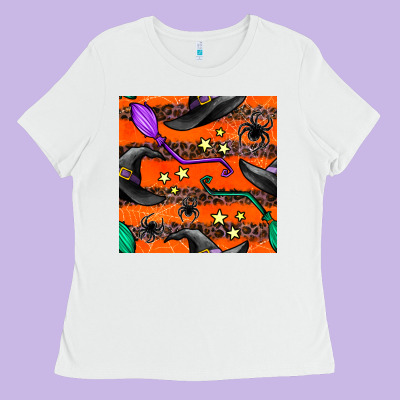Halloween Witch Hats Leopard Seamless Pattern Ladies Tee Designed By Bundleandbundleshop