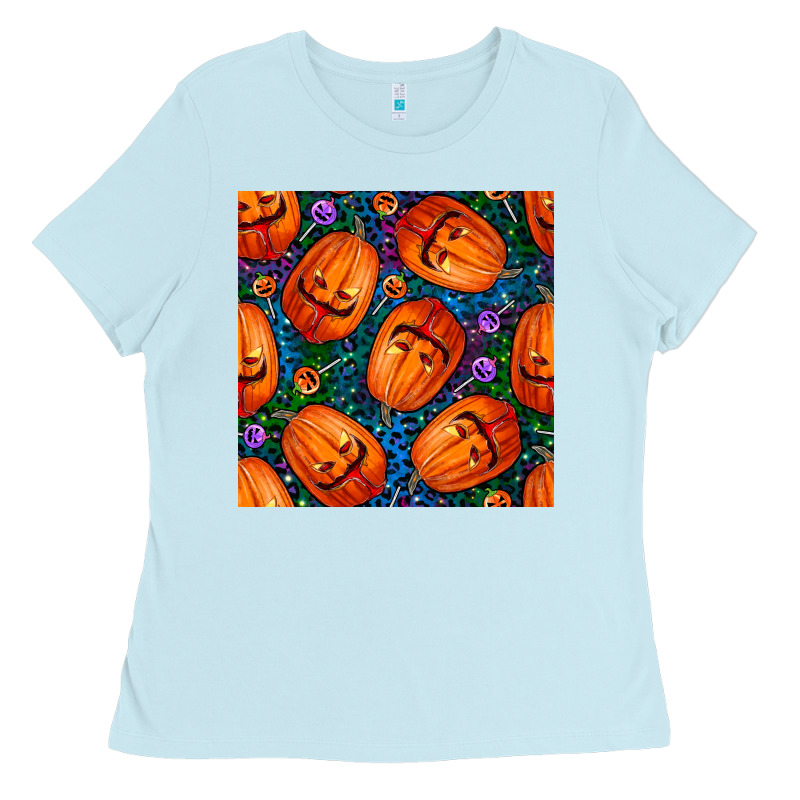 Halloween Pumpkin And Candy Seamless Pattern Ladies Tee by BundleAndBundleShop | Teevron