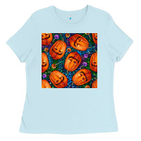 Baby Blue halloween pumpkin and candy seamless pattern Ladies Tee - BundleAndBundleShop