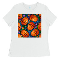 White halloween pumpkin and candy seamless pattern Ladies Tee - BundleAndBundleShop