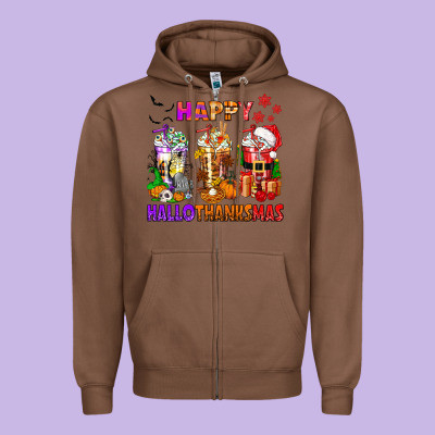 Happy Hallothanksmas Coffee Cups Zipper Hoodie Designed By Texasbilliewilder