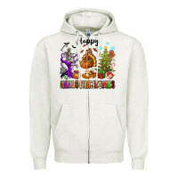 Oatmeal Heather Happy Hallothanksmas Zipper Hoodie - texasbilliewilder
