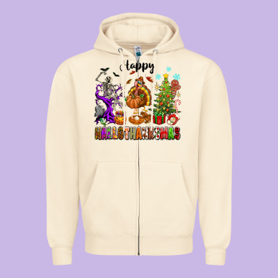 Happy Hallothanksmas Zipper Hoodie Designed By Texasbilliewilder