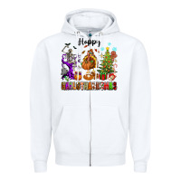 White Happy Hallothanksmas Zipper Hoodie - texasbilliewilder