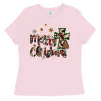 Bubblegum Pink merry christmas wood slice ornament Ladies Tee - JahusDesignShop