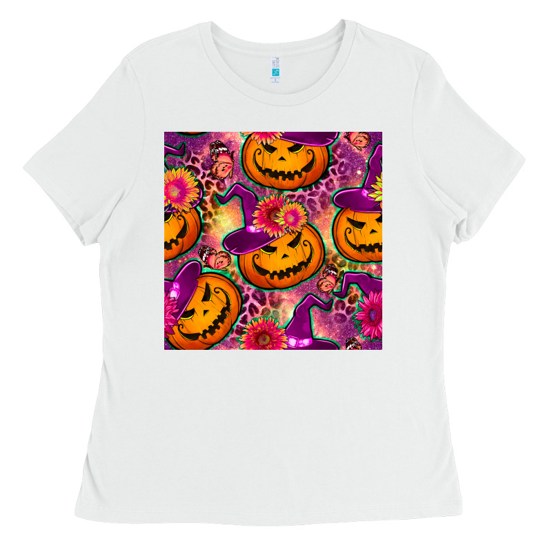 Halloween Witchy Pumpkin Seamless Pattern Ladies Tee by BundleAndBundleShop | Teevron