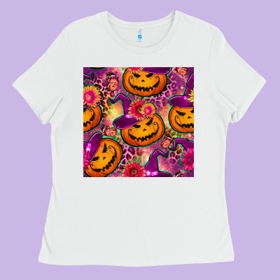 Halloween Witchy Pumpkin Seamless Pattern Ladies Tee Designed By Bundleandbundleshop