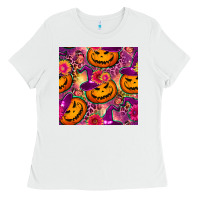White halloween witchy pumpkin seamless pattern Ladies Tee - BundleAndBundleShop