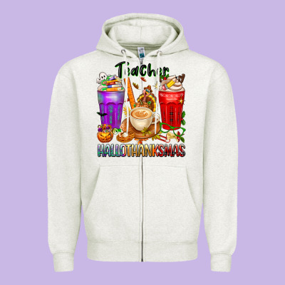 Hallothanksmas Teacher Zipper Hoodie Designed By Texasbilliewilder