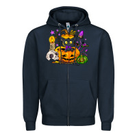 Navy Black cat pumpkin Zipper Hoodie - NancyCooperArtShop