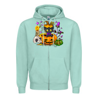 Seafoam Black cat pumpkin Zipper Hoodie - NancyCooperArtShop