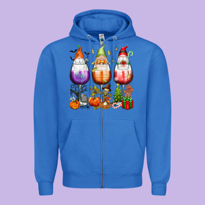 Hallothanksmas Wine Glasses And Gnomes Zipper Hoodie Designed By Texasbilliewilder