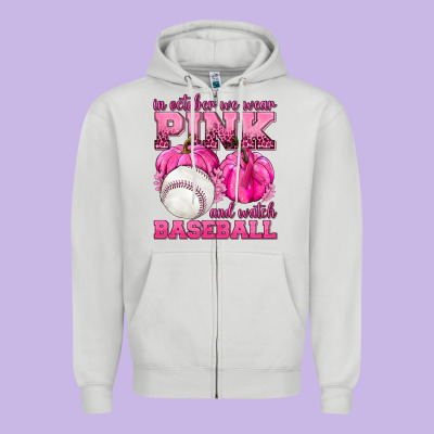 In October We Wear Pink And Watch Baseball Zipper Hoodie Designed By Texasbilliewilder