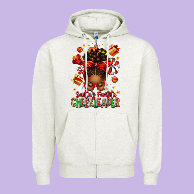 Santa's Favorite Cheerleader Afro Messy Bun Zipper Hoodie Designed By Texasbilliewilder