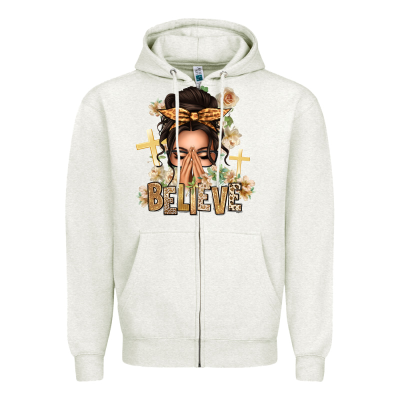 Believe Praying Caucasian Messy Bun Zipper Hoodie by texasbilliewilder | Teevron