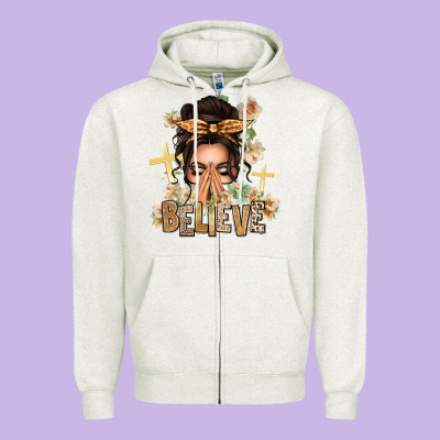 Believe Praying Caucasian Messy Bun Zipper Hoodie Designed By Texasbilliewilder