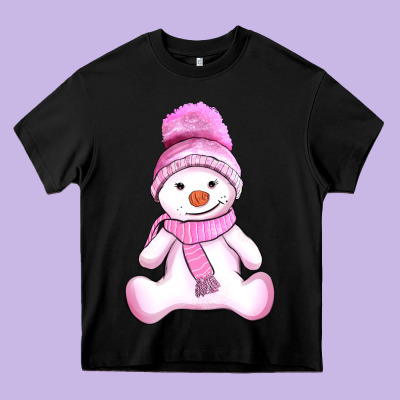Winter Pink Snowman And Hat Heavy Core Tee Designed By Adodesignshop