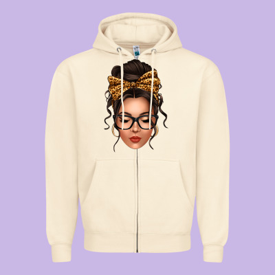 Caucasian Leopard Messy Bun Zipper Hoodie Designed By Texasbilliewilder