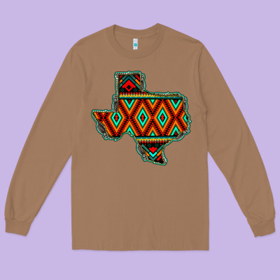 Texas Map With Aztec Background Long Sleeve Tee Designed By Jahusdesignshop