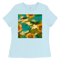 Baby Blue camouflage turquoise glitter sunflowers seamless pattern Ladies Tee - BundleAndBundleShop