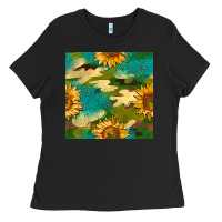 Black camouflage turquoise glitter sunflowers seamless pattern Ladies Tee - BundleAndBundleShop