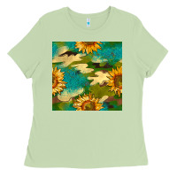 Matcha camouflage turquoise glitter sunflowers seamless pattern Ladies Tee - BundleAndBundleShop
