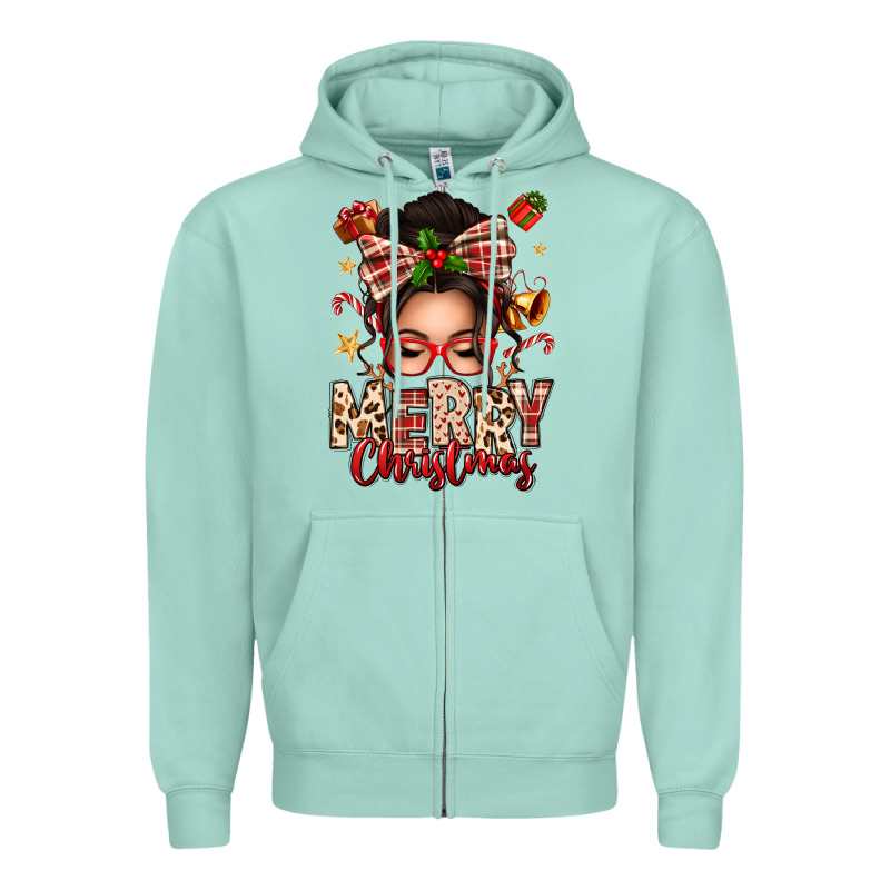Merry Christmas Messy Bun Zipper Hoodie by texasbilliewilder | Teevron