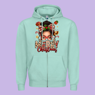 Merry Christmas Messy Bun Zipper Hoodie Designed By Texasbilliewilder