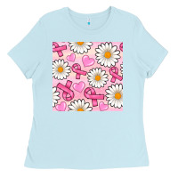 Baby Blue breast cancer awareness with daisy and heart seamless pattern Ladies Tee - BundleAndBundleShop