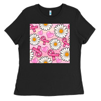 Breast Cancer Awareness With Daisy And Heart Seamless Pattern Ladies Tee | Teevron