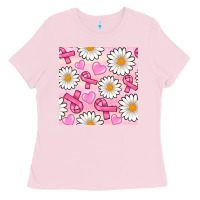 Bubblegum Pink breast cancer awareness with daisy and heart seamless pattern Ladies Tee - BundleAndBundleShop