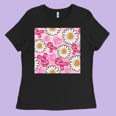 Breast Cancer Awareness With Daisy And Heart Seamless Pattern Ladies Tee Designed By Bundleandbundleshop