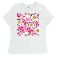 White breast cancer awareness with daisy and heart seamless pattern Ladies Tee - BundleAndBundleShop