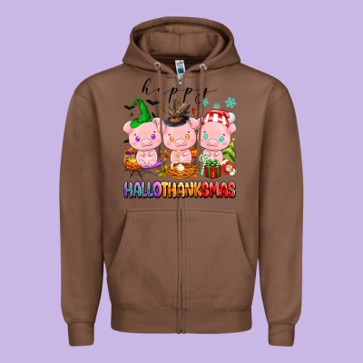Happy Hallothanksmas Pigs Zipper Hoodie Designed By Texasbilliewilder