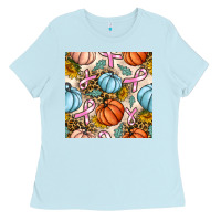 Baby Blue breast cancer awareness with pumpkin and leopard seamless pattern Ladies Tee - BundleAndBundleShop