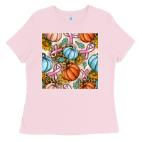 Bubblegum Pink breast cancer awareness with pumpkin and leopard seamless pattern Ladies Tee - BundleAndBundleShop