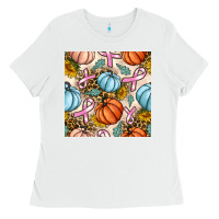 White breast cancer awareness with pumpkin and leopard seamless pattern Ladies Tee - BundleAndBundleShop