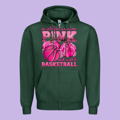 In October We Wear Pink And Watch Basketball Zipper Hoodie Designed By Texasbilliewilder