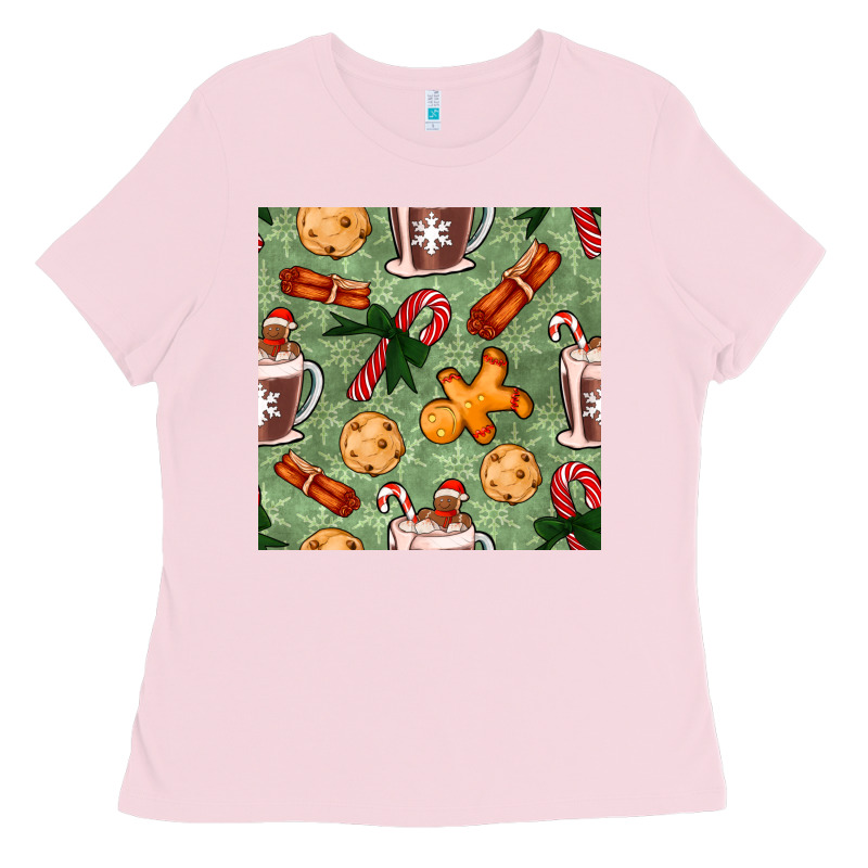 Christmas Hot Chocolate And Cookies Seamless Pattern Ladies Tee by BundleAndBundleShop | Teevron