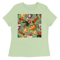 Matcha christmas hot chocolate and cookies seamless pattern Ladies Tee - BundleAndBundleShop