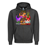 Charcoal Heather happy hallothanksmas dinosaur Zipper Hoodie - texasbilliewilder