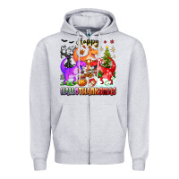 Heather Grey happy hallothanksmas dinosaur Zipper Hoodie - texasbilliewilder