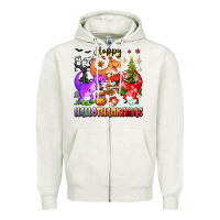 Oatmeal Heather happy hallothanksmas dinosaur Zipper Hoodie - texasbilliewilder