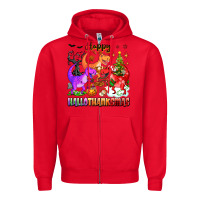 Red happy hallothanksmas dinosaur Zipper Hoodie - texasbilliewilder