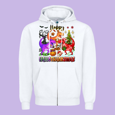 Happy Hallothanksmas Dinosaur Zipper Hoodie Designed By Texasbilliewilder