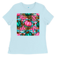 Baby Blue breast cancer awareness with pumpkins seamless pattern Ladies Tee - BundleAndBundleShop