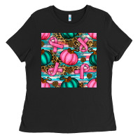 Black breast cancer awareness with pumpkins seamless pattern Ladies Tee - BundleAndBundleShop