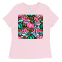 Bubblegum Pink breast cancer awareness with pumpkins seamless pattern Ladies Tee - BundleAndBundleShop