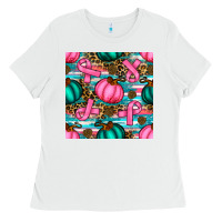 White breast cancer awareness with pumpkins seamless pattern Ladies Tee - BundleAndBundleShop